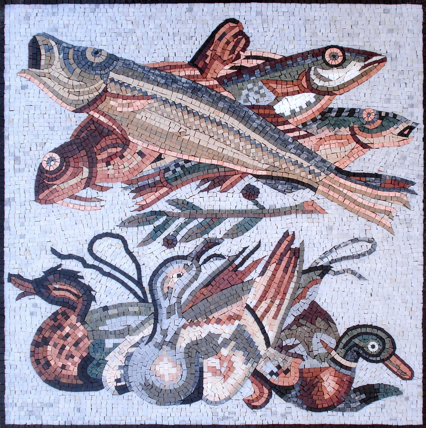 Duck & Fish Mosaic Tile Art: Handmade Marble Wall Decor (32" x 32")