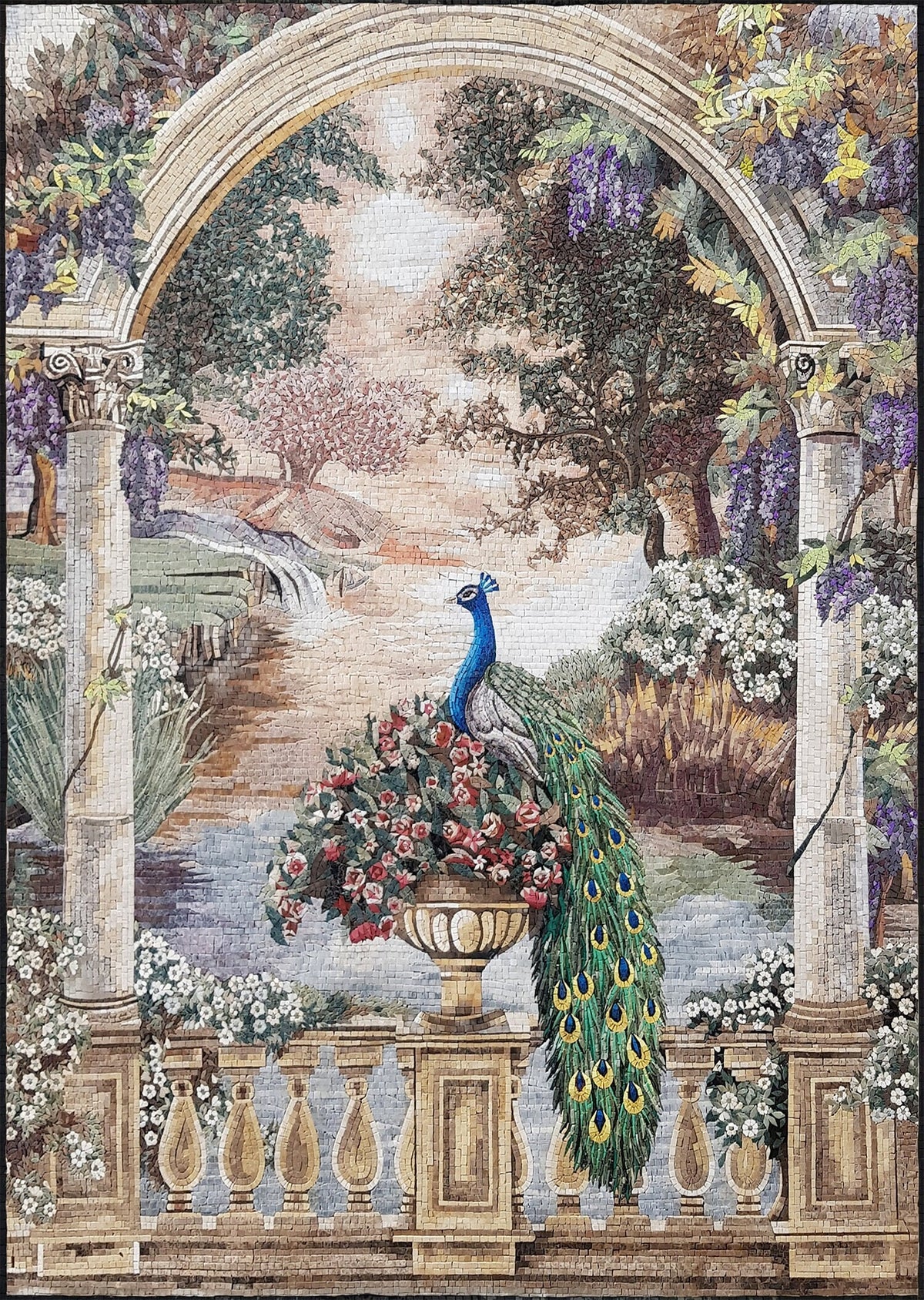 Handmade Peacock Mosaic Tile Art: Botanical Wall Decor (64” x 48”)