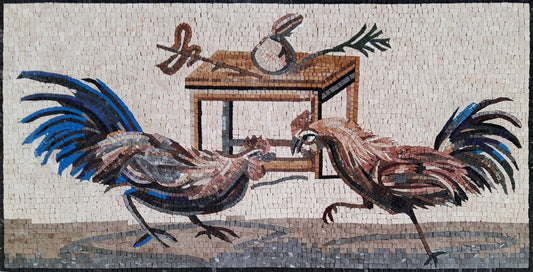 Handmade Fighting Roosters Mosaic Tile Art: Kitchen Backsplash or Farm Wall Decor