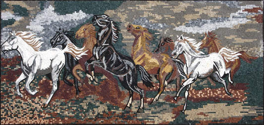 Handmade Horse Mosaic Tile Mural: Galloping Horses Stone Art (86" x 40")