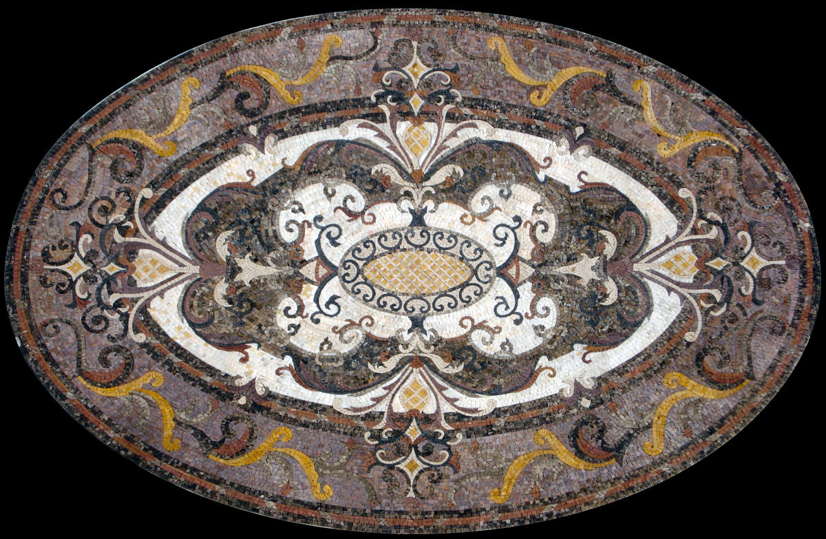 Oval Marble Mosaic Rug: Handmade Stone Medallion (72” x 48")