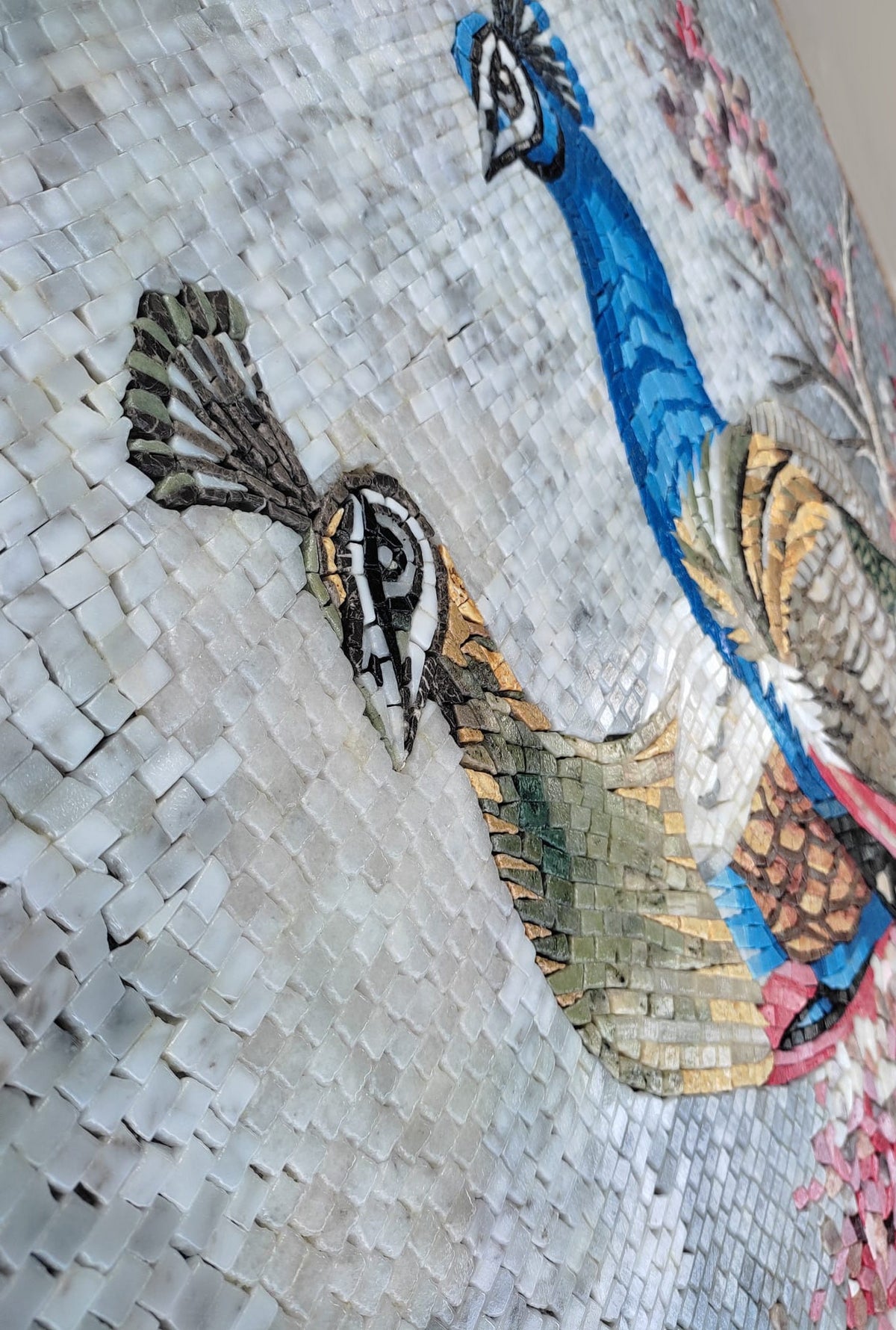Handmade Peacock Mosaic Tile Art: Cherry Tree & Koi Pond (64” x 32”)