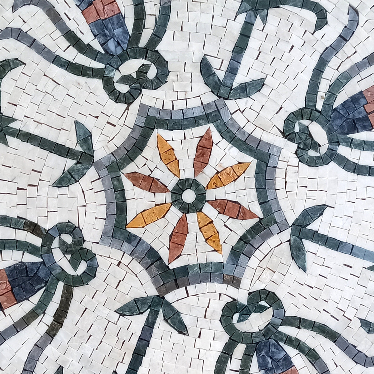 Handmade Floral Marble Mosaic Medallion - 32 Inch Art Tile Decor