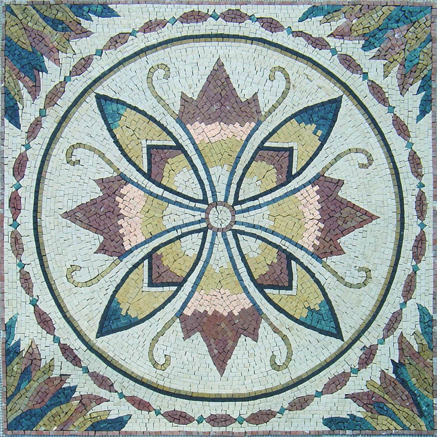40" Marble Mosaic Medallion: Geometric Inlay Tile Artwork