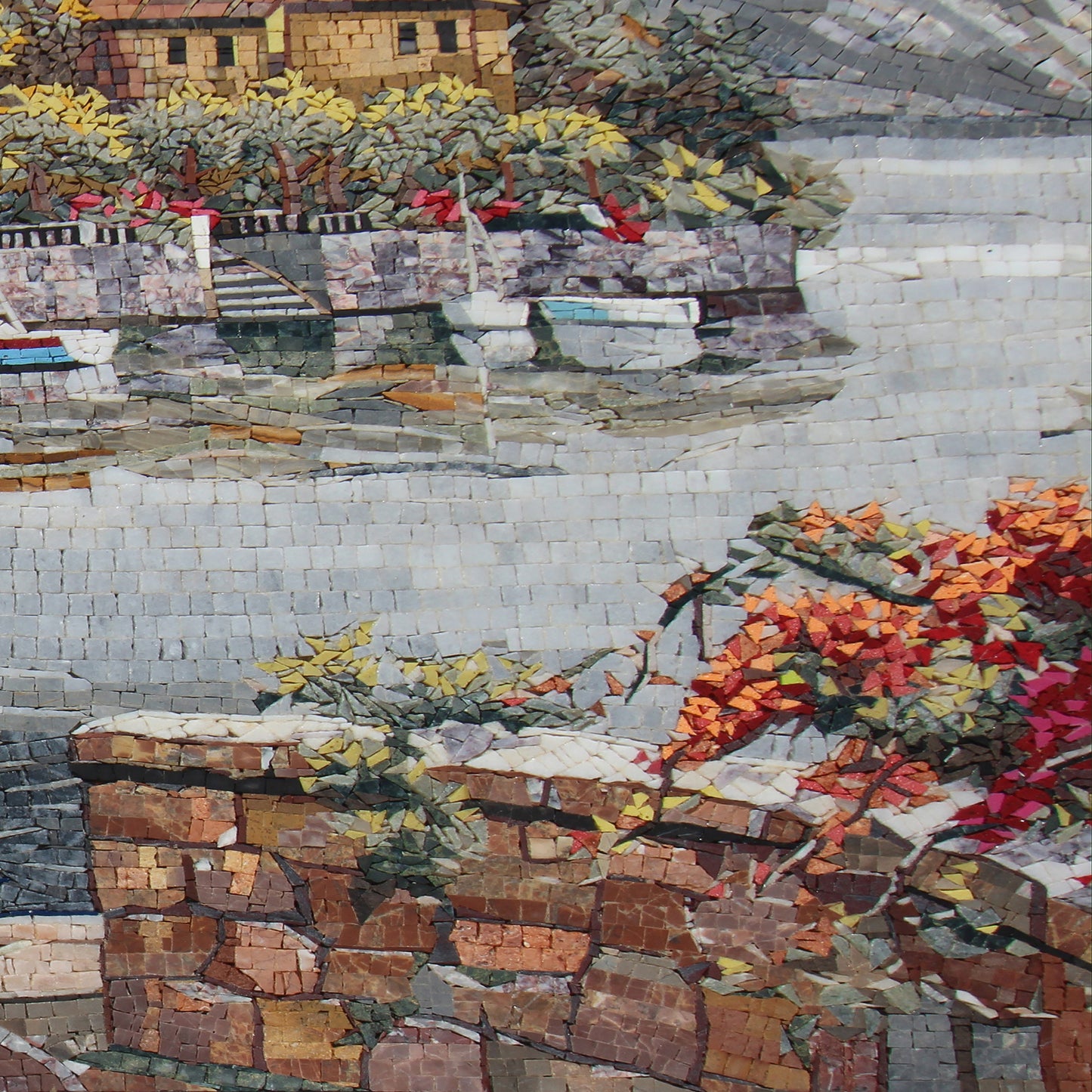 Seascape Mosaic Mural: Handmade Marble Sailboat, Coastal Village Art (40x40")