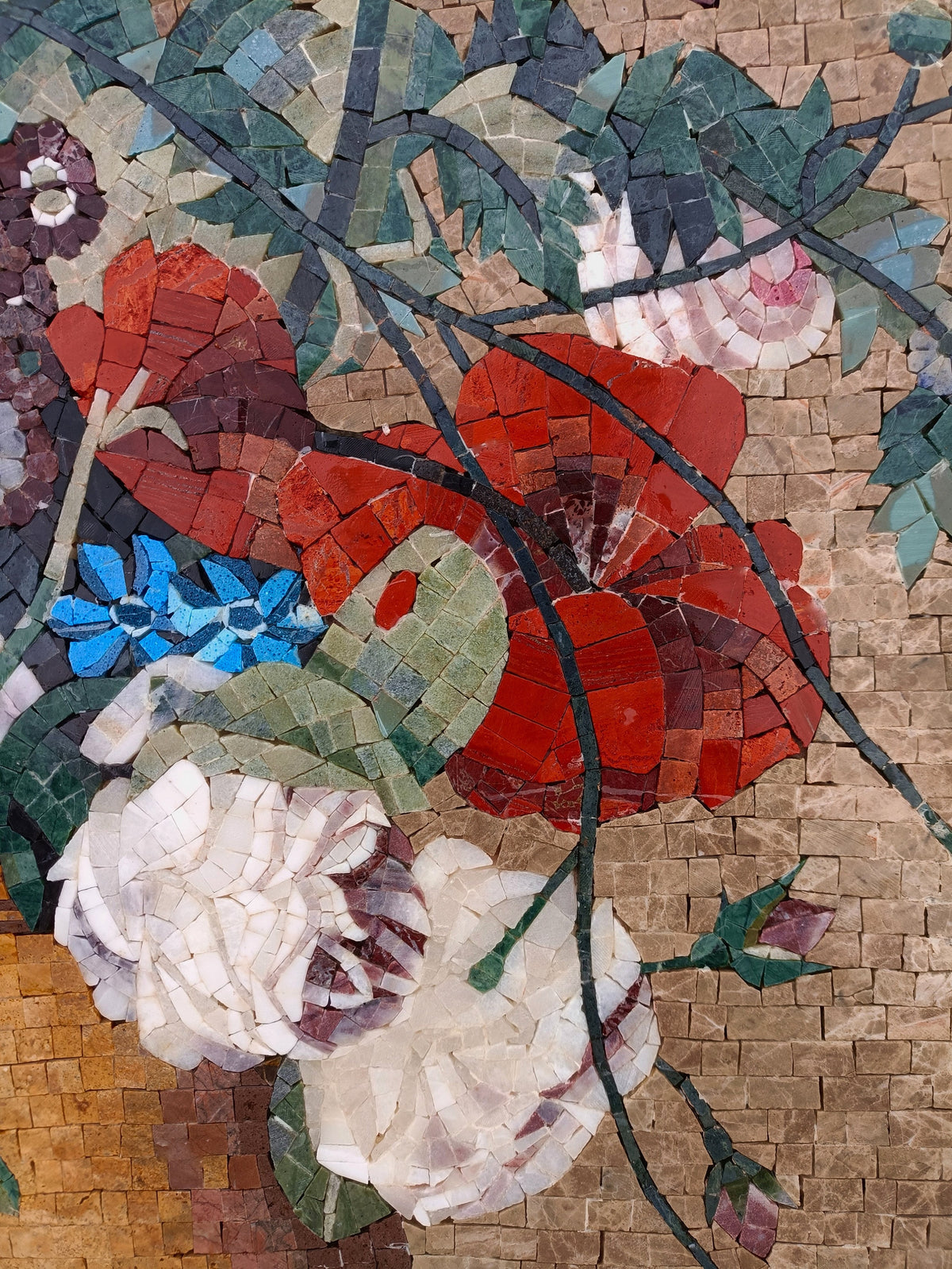 Handmade Marble Mosaic Art: Flowers in Urn - Wall Decor