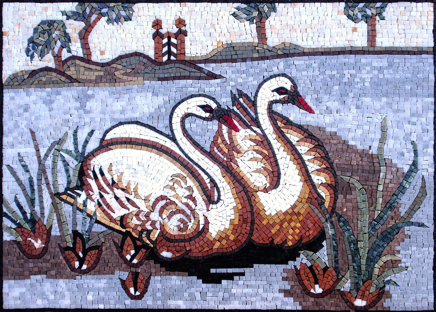 Handmade Swans Mosaic Tile Art: Serene Pond Scene Wall Decor