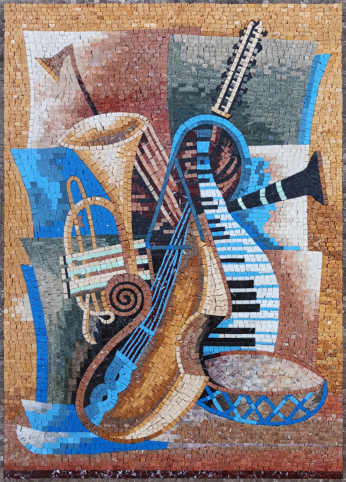 Handmade Music Instruments Mosaic Tile Backsplash: Marble Stone Wall Art (40” x 24")