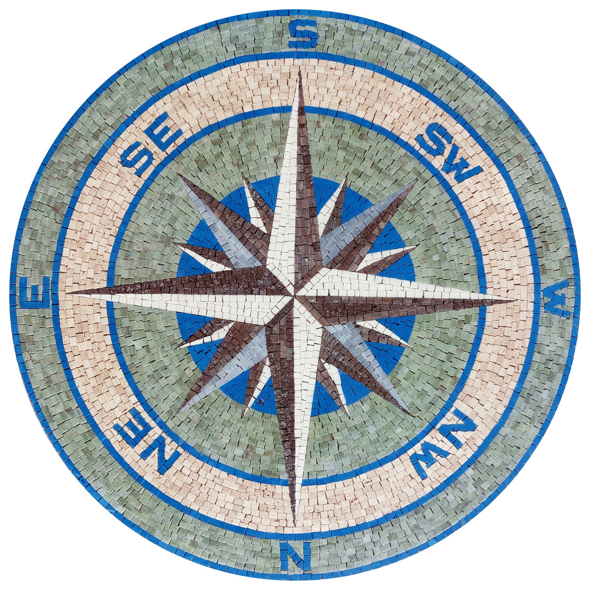 Handmade Compass Mosaic Tile: Nautical Wind Rose Medallion (36" Diameter)