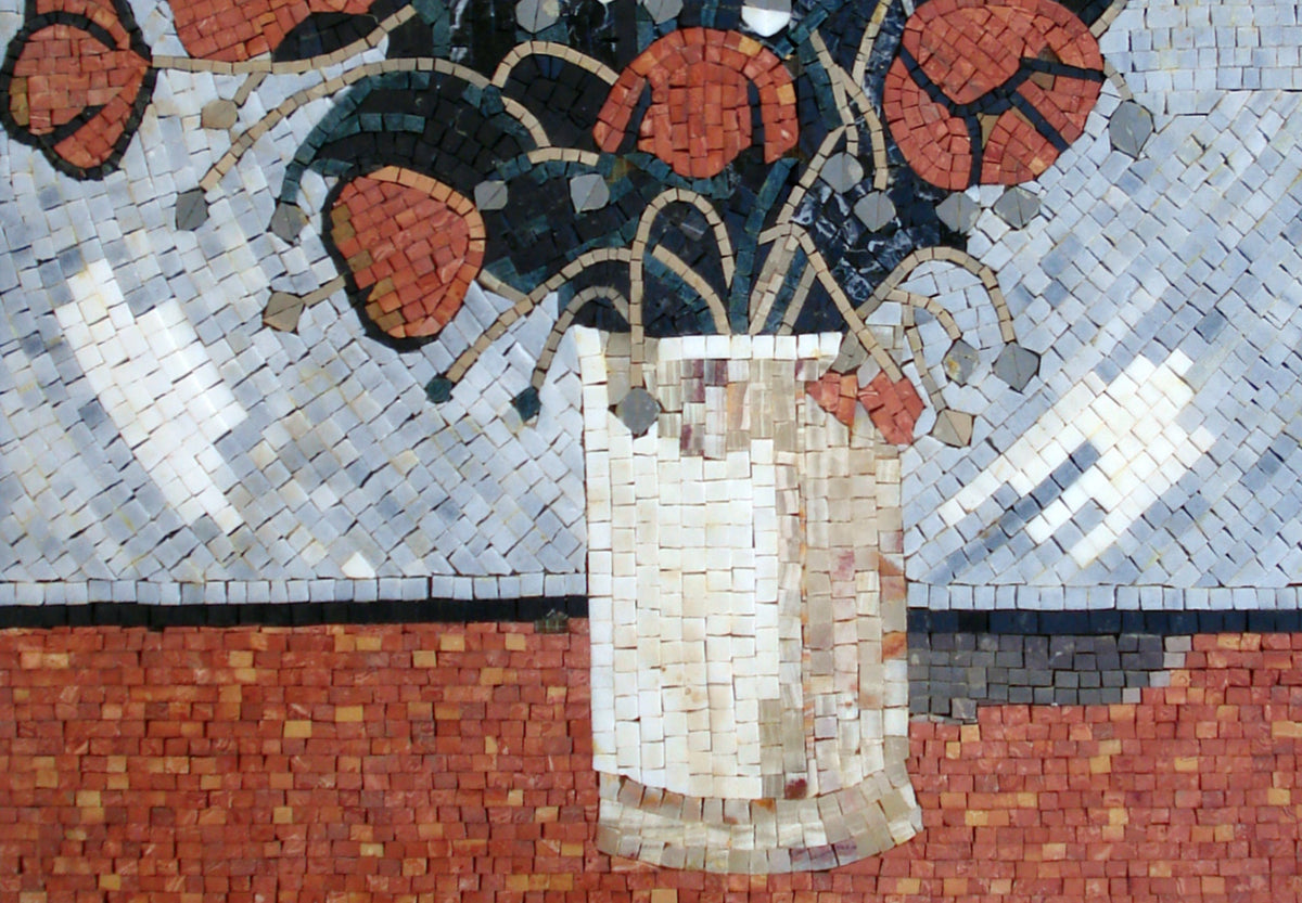 Handmade Marble Mosaic Art: Flower Vase Kitchen Backsplash Tile (36” x 24”)