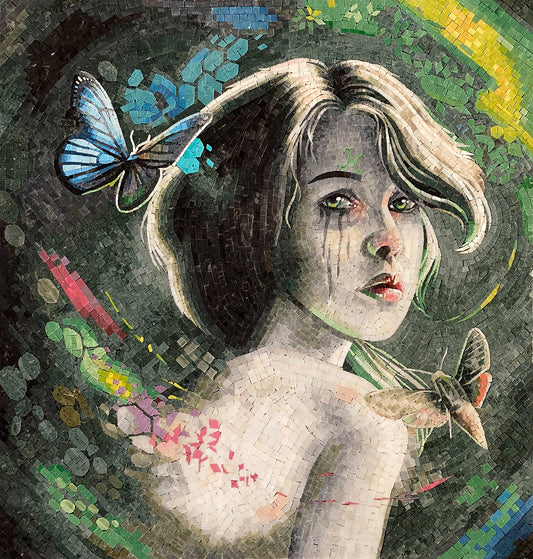 Pisces Zodiac Mosaic Tile Art: Butterfly Girl, Handmade Stone Decor