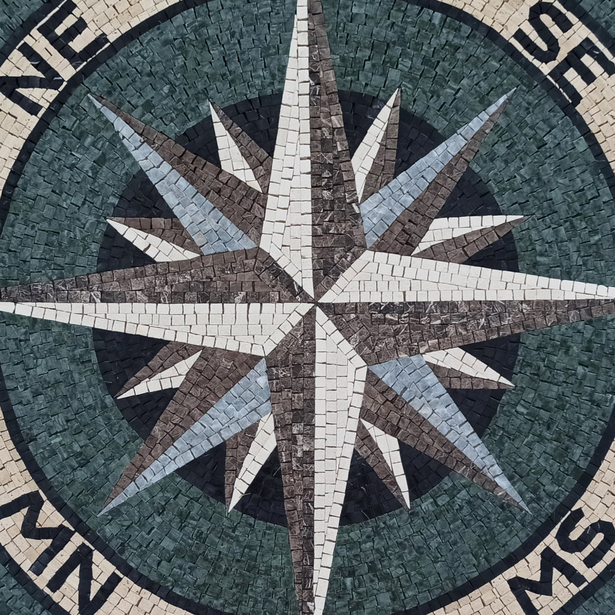 Coastal Elegance - Mosaic Artwork - Sea Green and White Compass Mosaic Medallion - Customization available