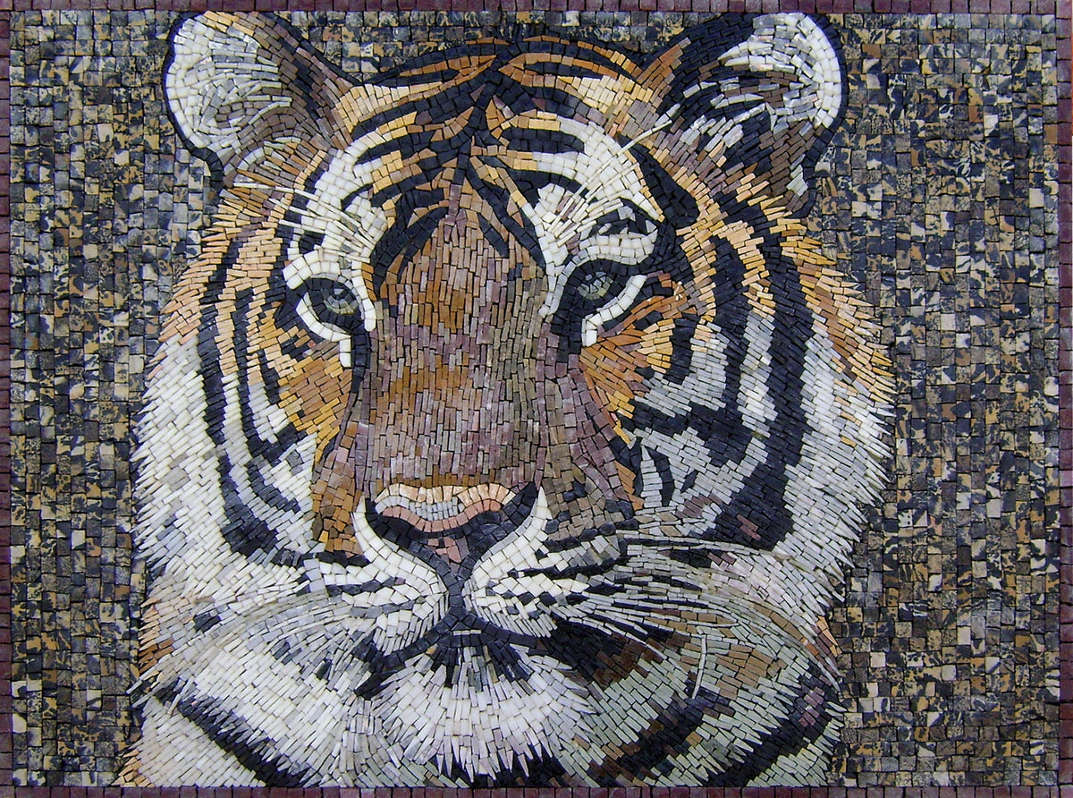 Handmade Tiger Mosaic Tile Art: Marble Stone Portrait (30” x 22”)