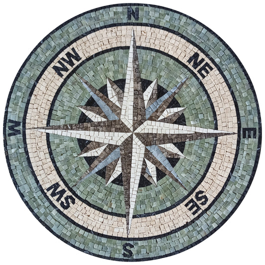 Handcrafted Green Nautical Compass Rose Medallion: Unique Mosaic Art Tile - Customization available