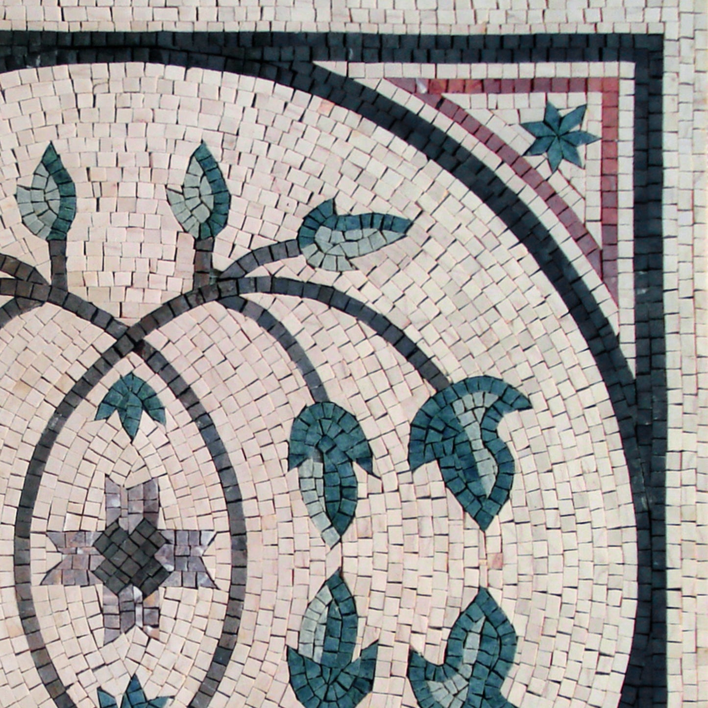 32” Handmade Marble Mosaic Tile: Geometric Botanical Medallion