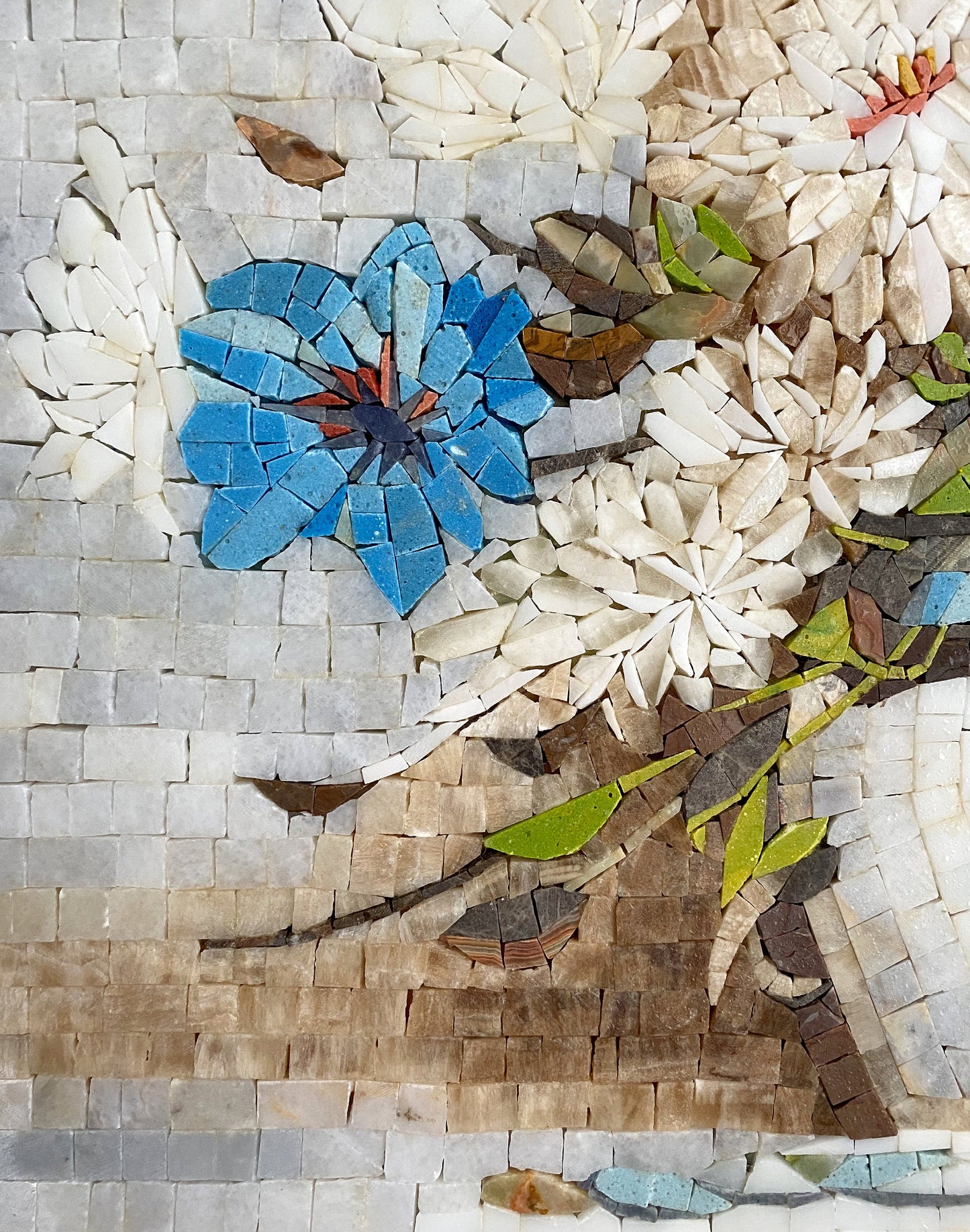Handmade Floral Mosaic Wall Art: Chrysanthemums & Anemones (30” x 24”)