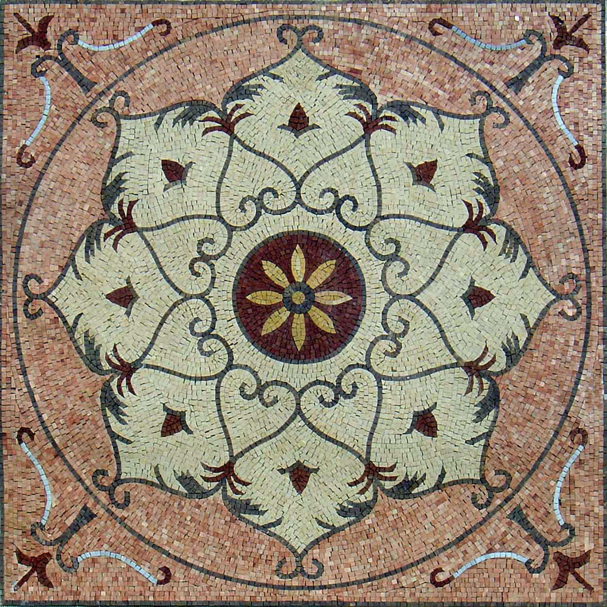 40" Medallion Mosaic Tile: Geometric Floral Marble Floor Art