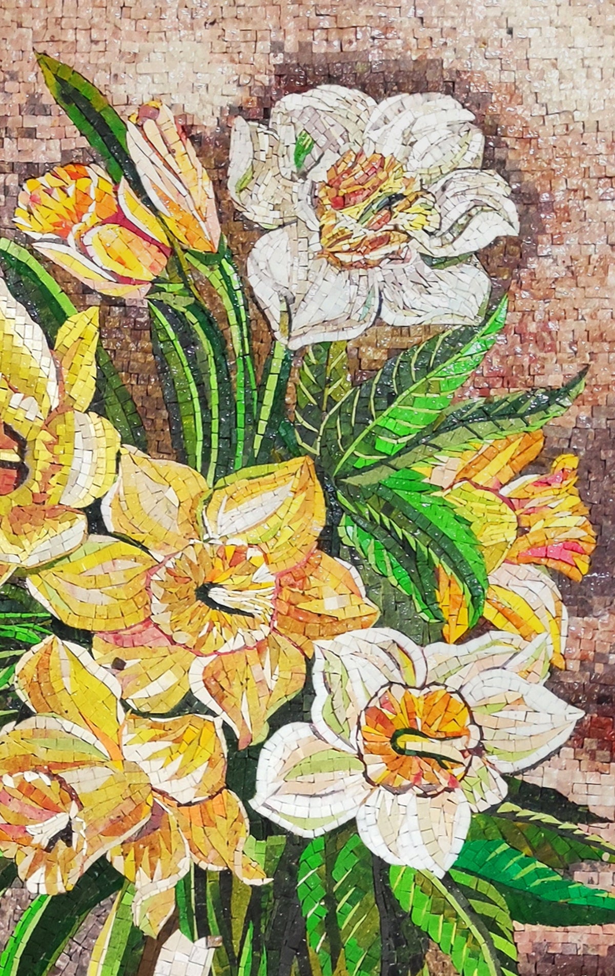 Floral Mosaic Art: Yellow & White Flowers in Vase, Wall Decor (48” x 24")