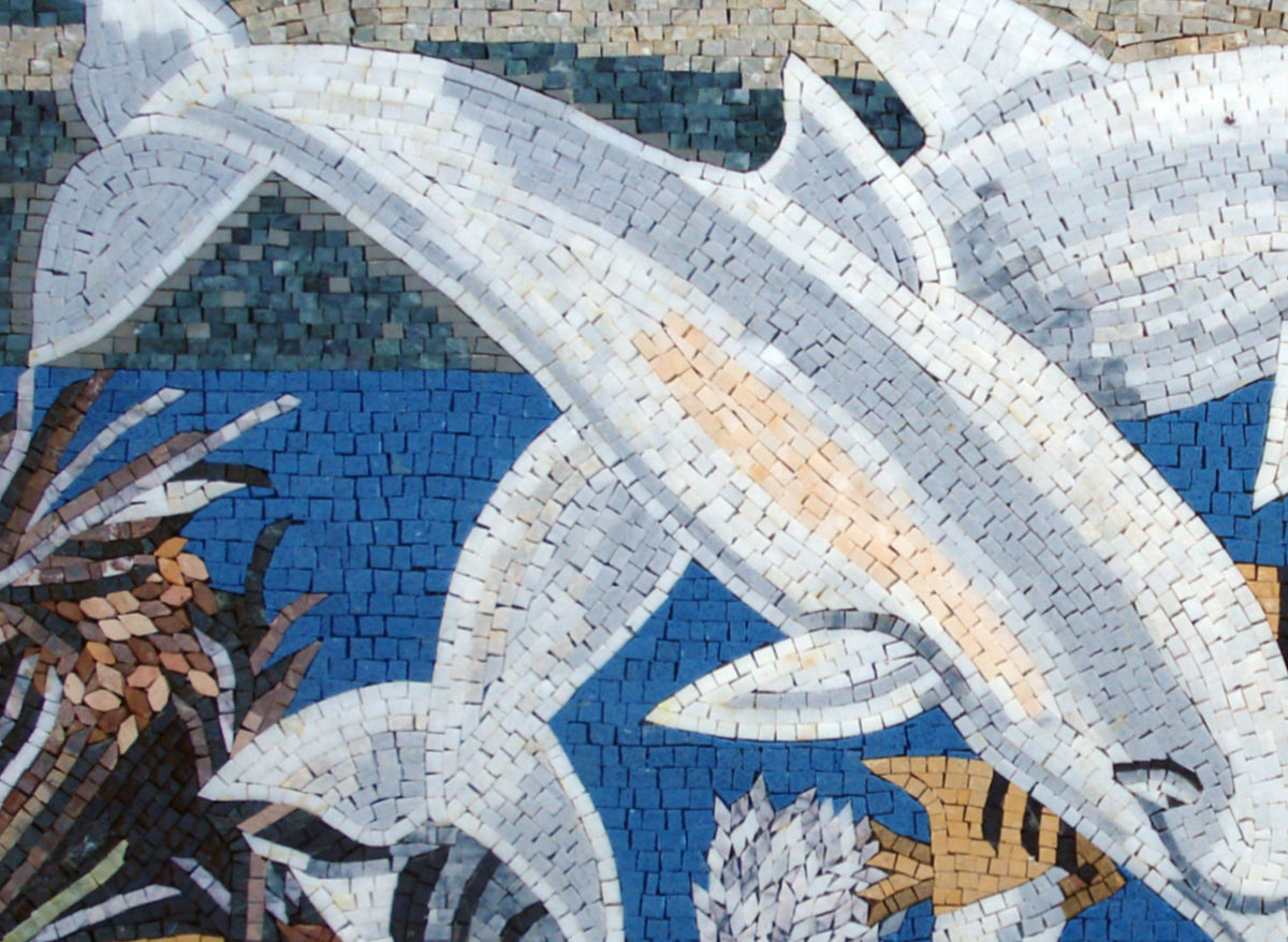 Dolphin Mosaic Backsplash: Handmade Sea Animal Marble Tile Art