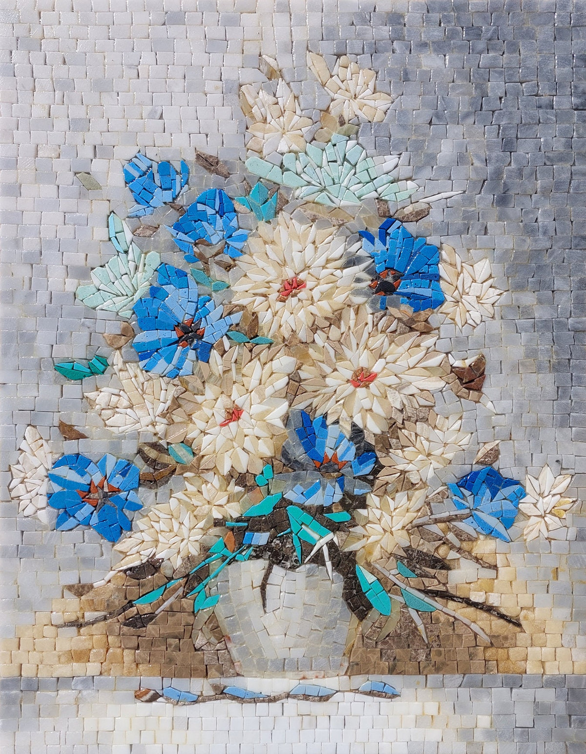 COLORFUL FLOWER ART - Overflowing Vase of Blue Anemones and White Chrysanthemum Mosaic Wall Art