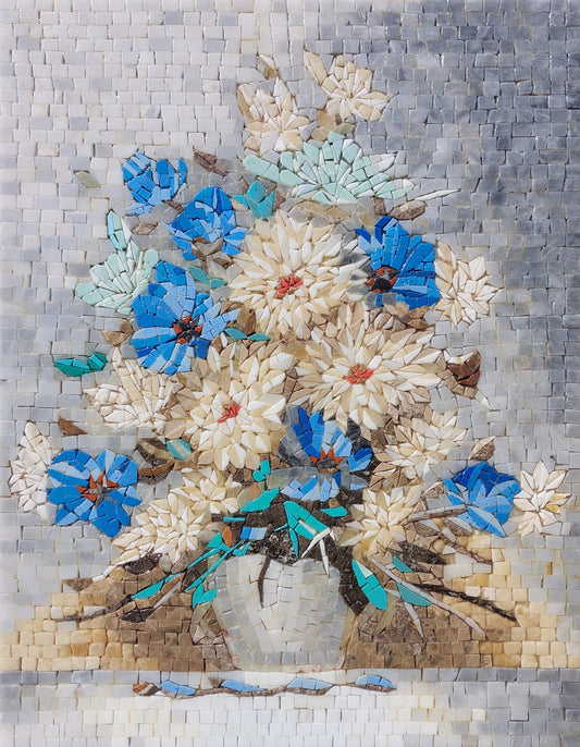 COLORFUL FLOWER ART - Overflowing Vase of Blue Anemones and White Chrysanthemum Mosaic Wall Art