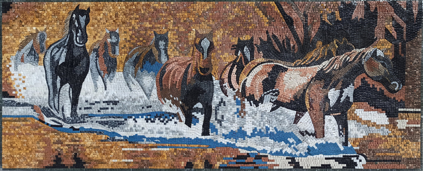 Handmade Horse Mosaic Tile Art: Galloping Horses in Water