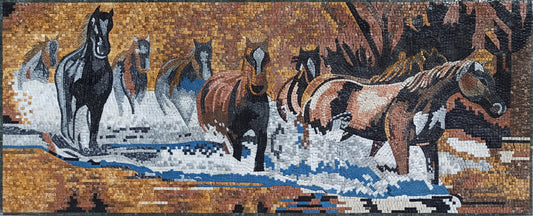 Handmade Horse Mosaic Tile Art: Galloping Horses in Water