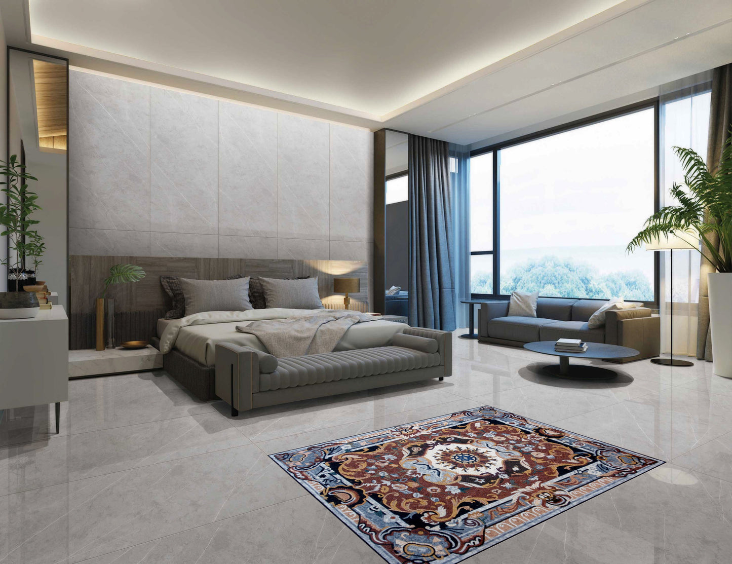 Handmade Marble Stone Mosaic Rug: Floral Medallion Design