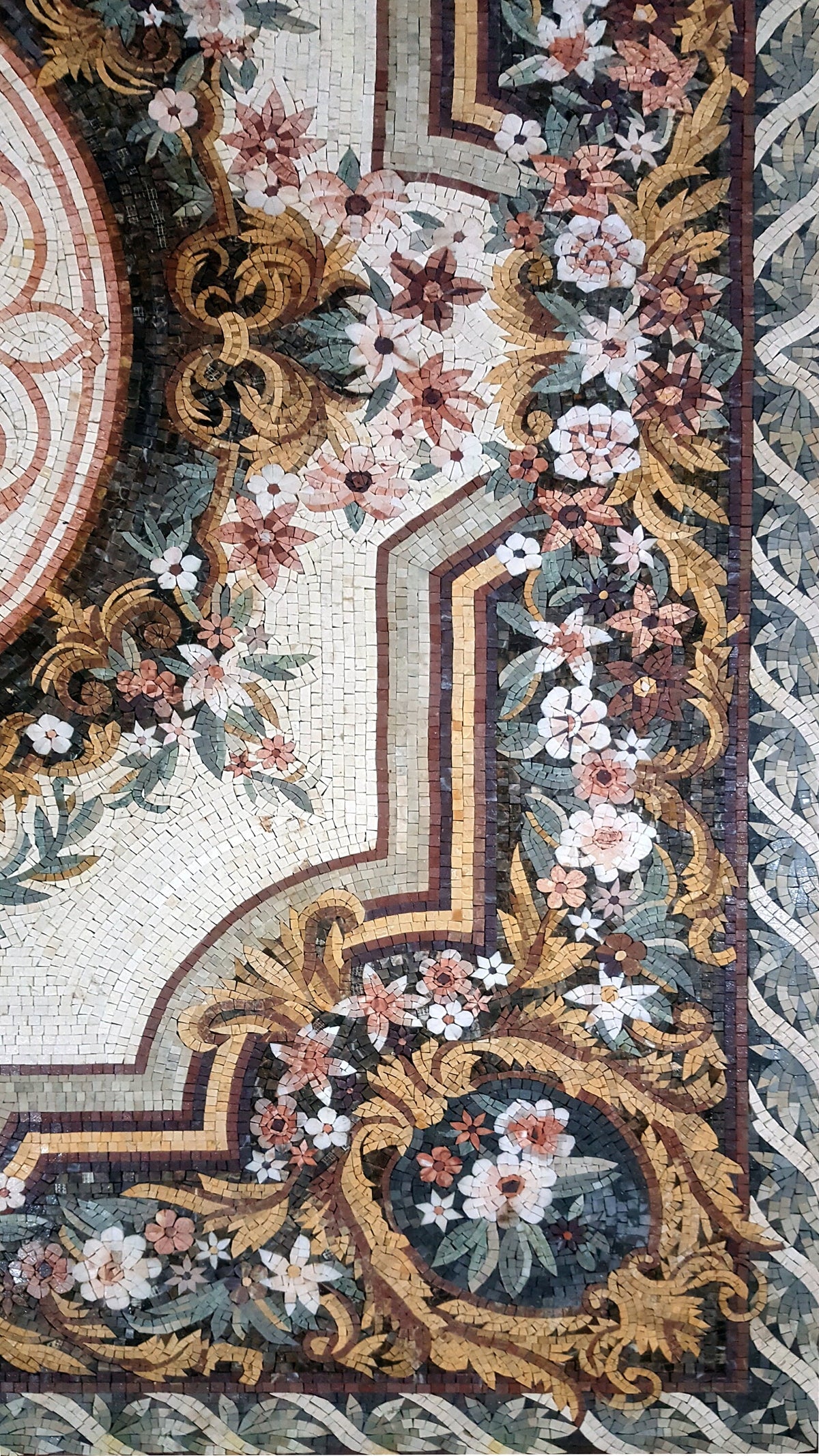 Large Floral Marble Mosaic Rug: Handmade Stone Carpet (104” x 80")