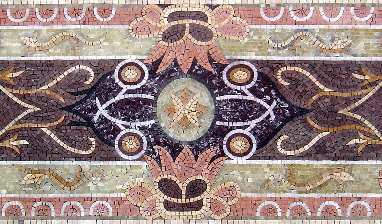 Handmade Floral Marble Mosaic Rug: Rectangle Stone Carpet (90” x 28”)