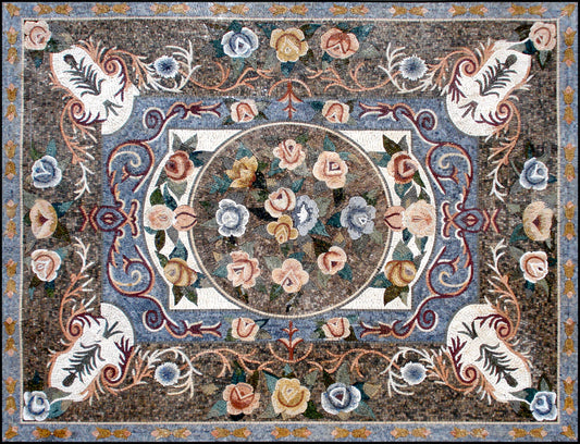 Handmade Flower Art Marble Mosaic Rug: Square Stone Rug (96” x 72")