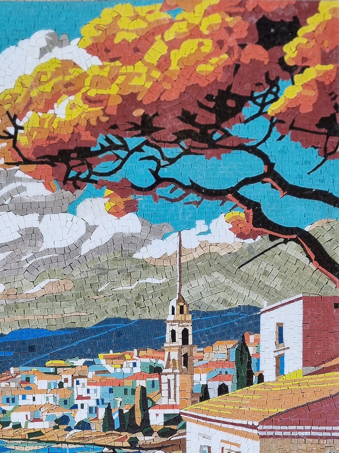 48"x36" Cityscape Mosaic Wall Art - Mountain & Water Scene, Urban Landscape Home Decor, Customization available