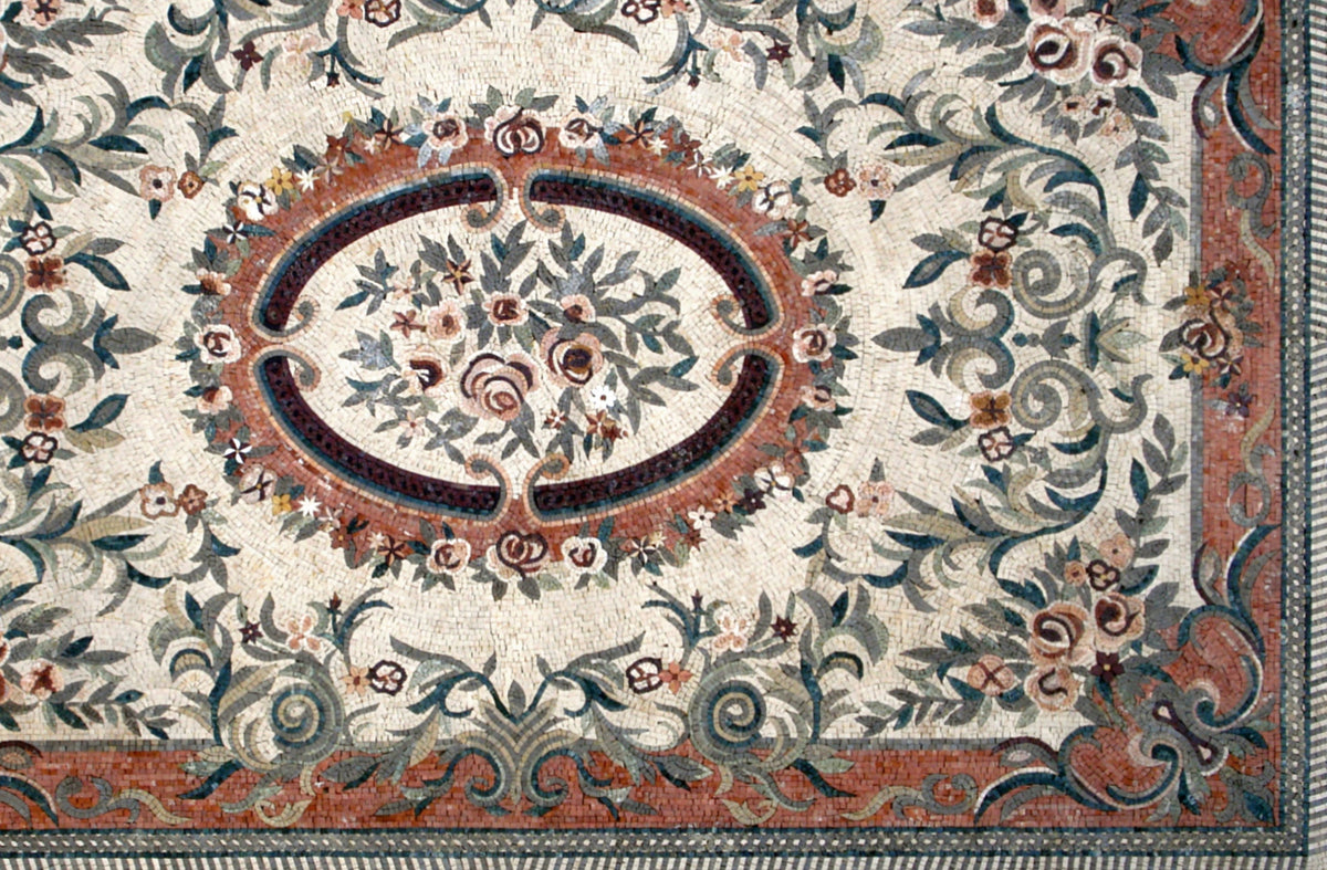 Handmade Marble Stone Mosaic Rug: Floral Art Tile Carpet (92” x 60")