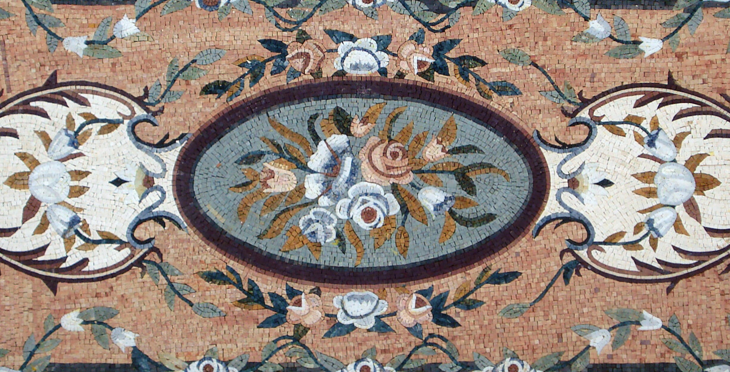 Handmade Marble Stone Mosaic Rug: Floral Medallion, 92"x48"