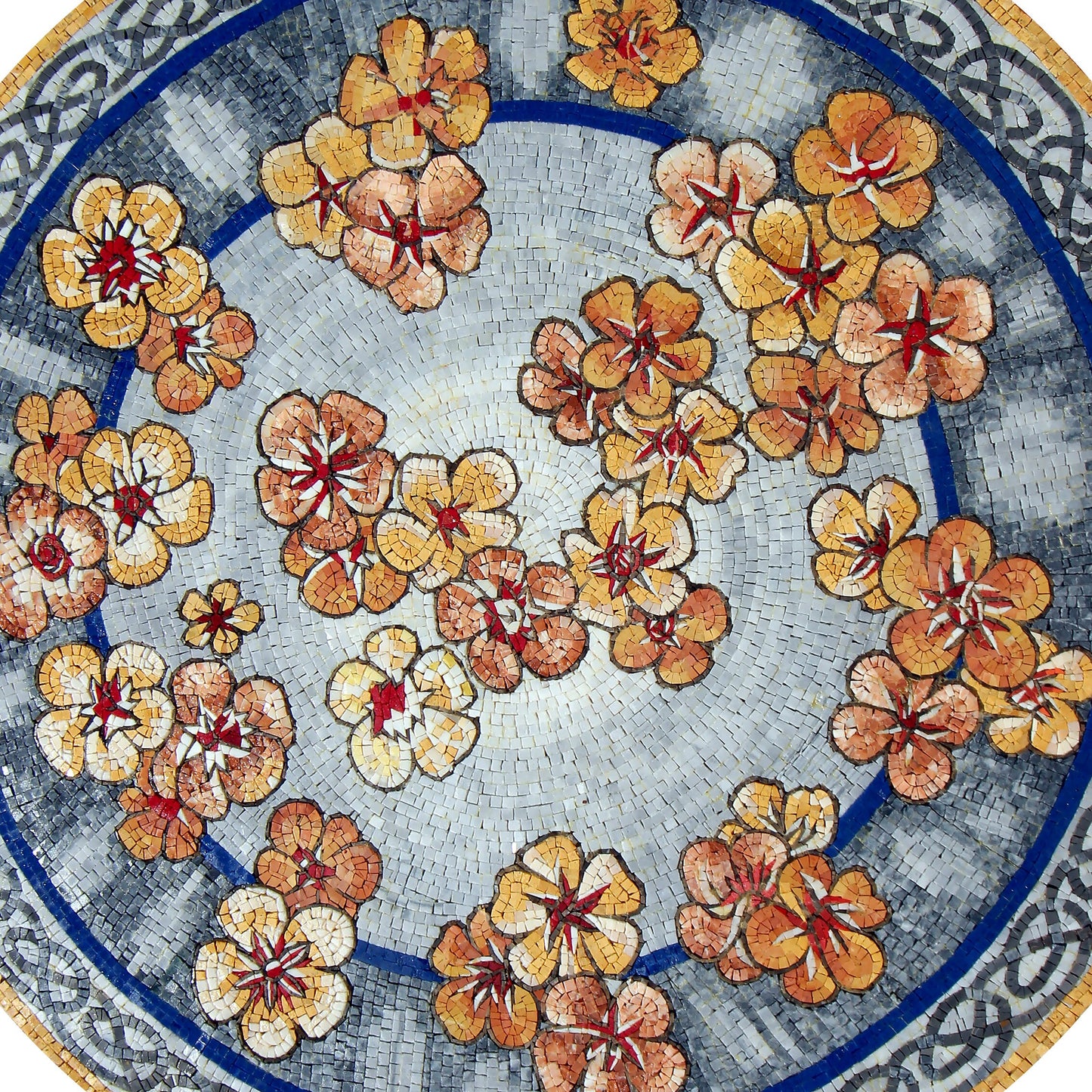 Handmade Round Orange and Gold Petunia Flowers Mosaic Medallion Art Tile