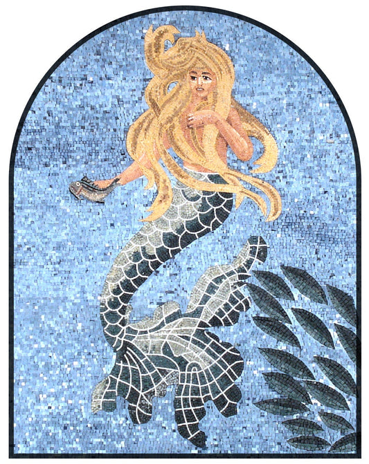 Handmade Mermaid Mosaic Mural: Marble Stone Tile Art (52” x 40”)