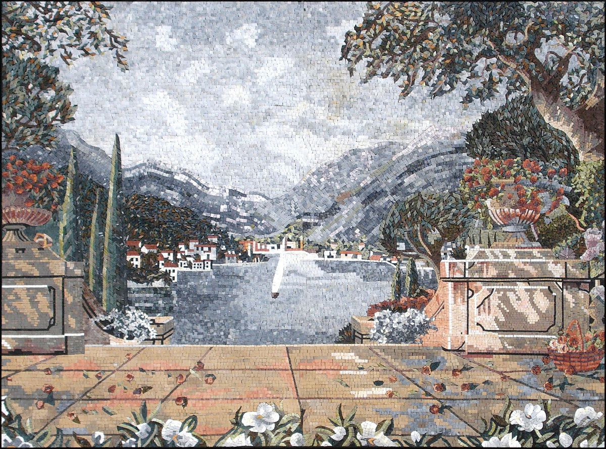Handmade Italian Lake Mosaic Mural: Botanical View Wall Art