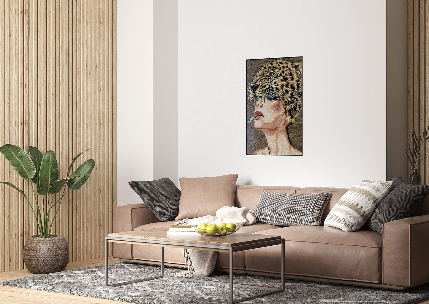 34"x23" Woman Smoking Mosaic Art – Feminine Portrait Artwork, Unique Home Accent, Customization Available