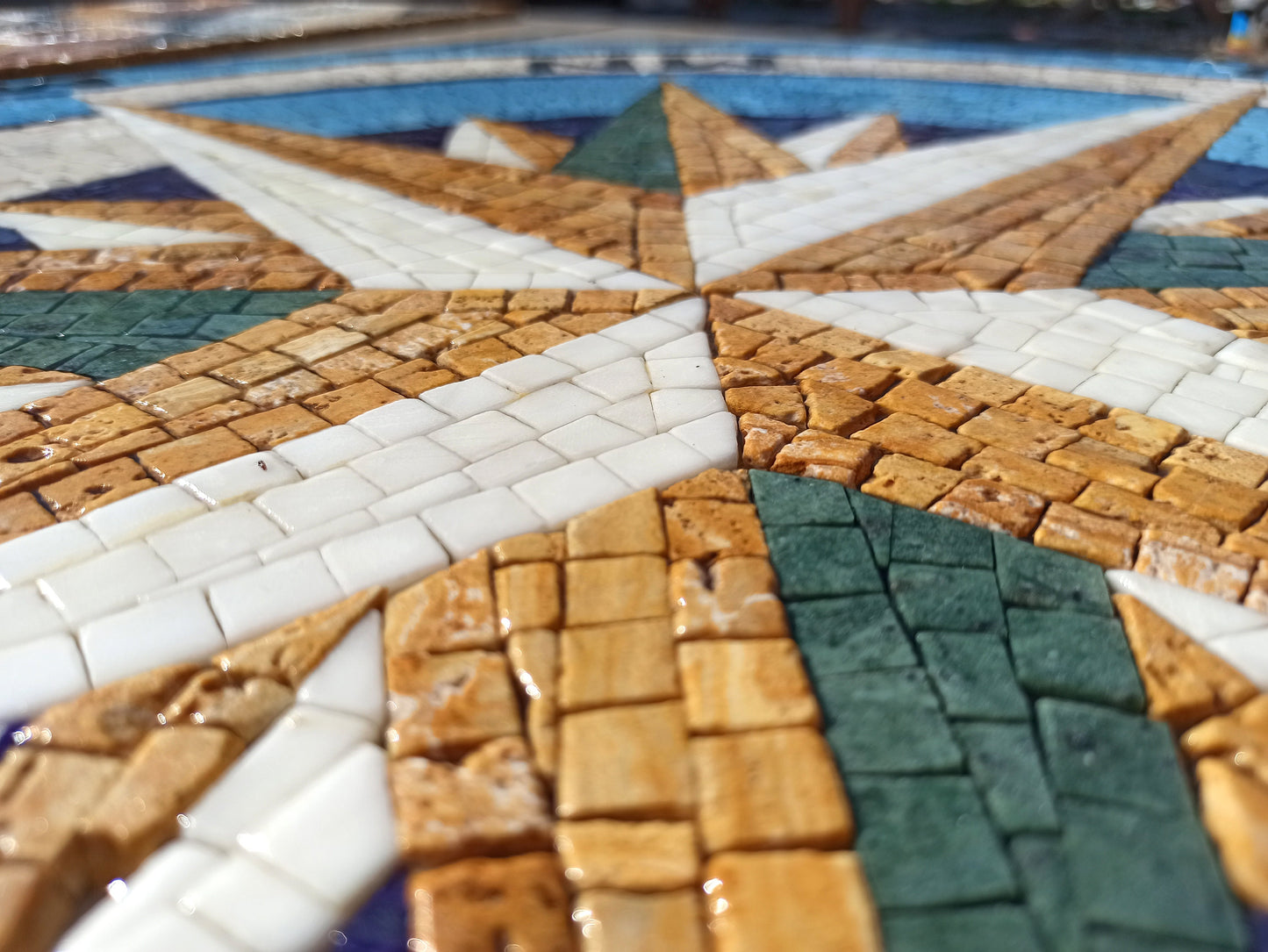 Artisanal Beauty - 32-Inch Handmade Compass & Pool Tile Medallion Marble Mosaic Art - Customization available