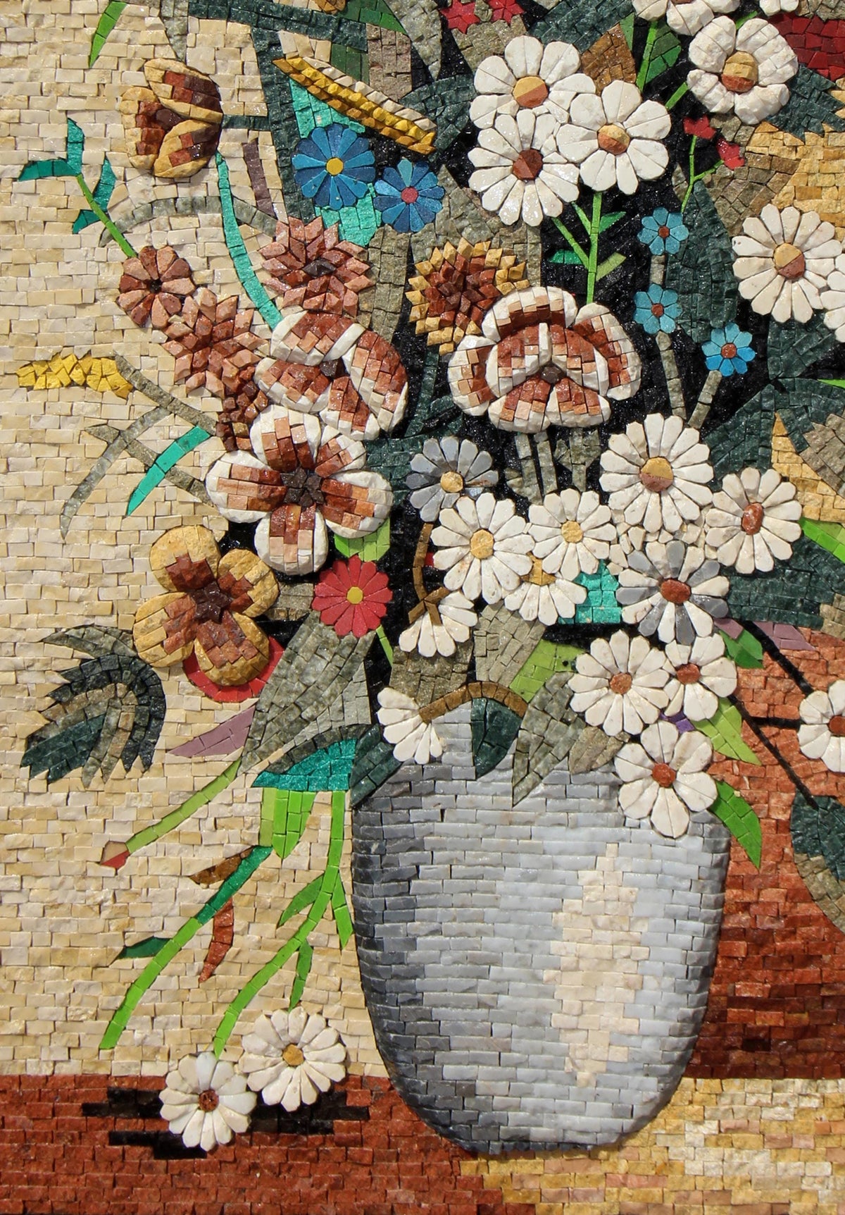 Handmade Floral Mosaic Tile Art: Marble Flower Vase Backsplash