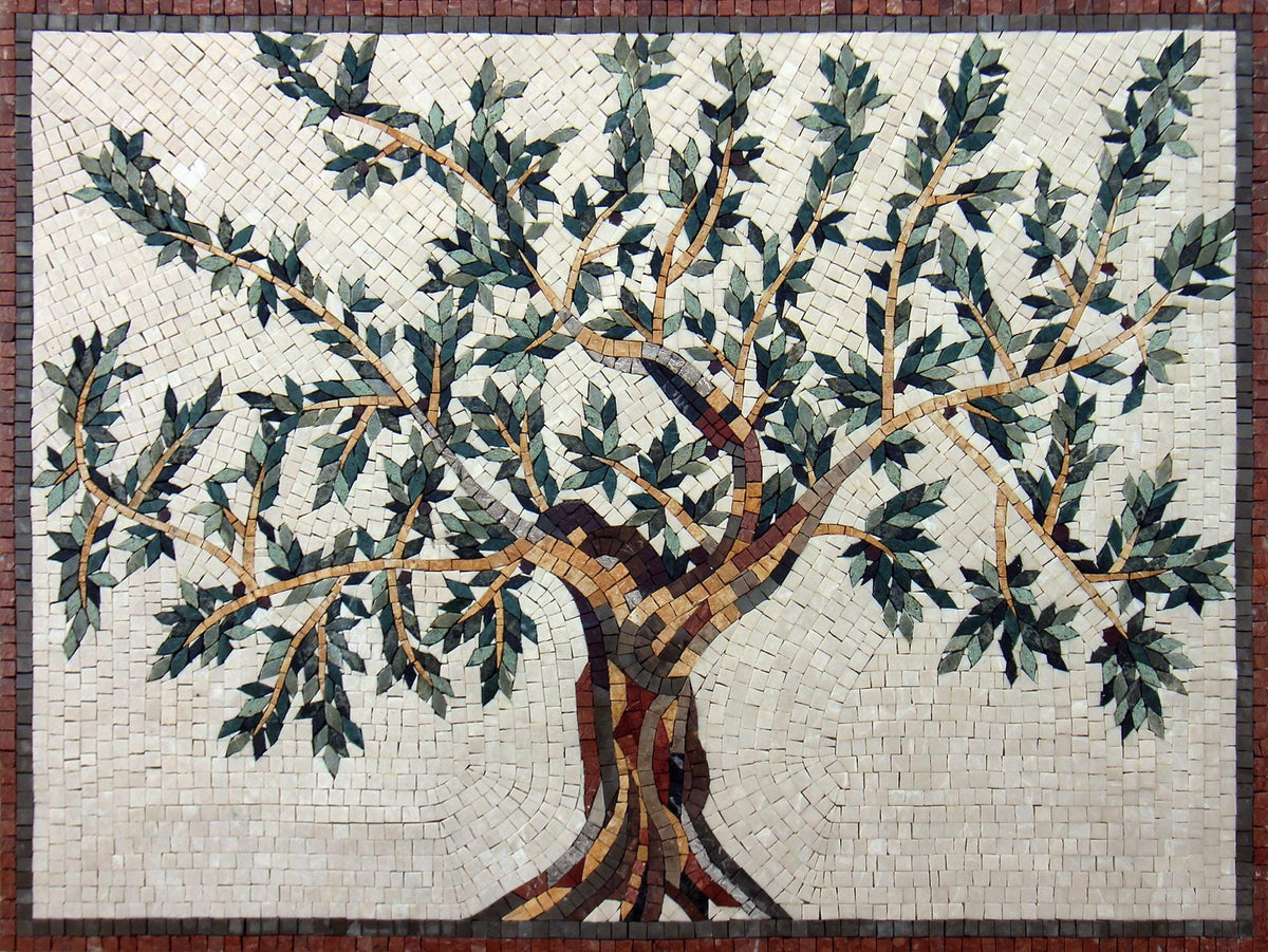 Olive Tree Mosaic Art Tile: Handmade Roman Medallion (32” x 24”)