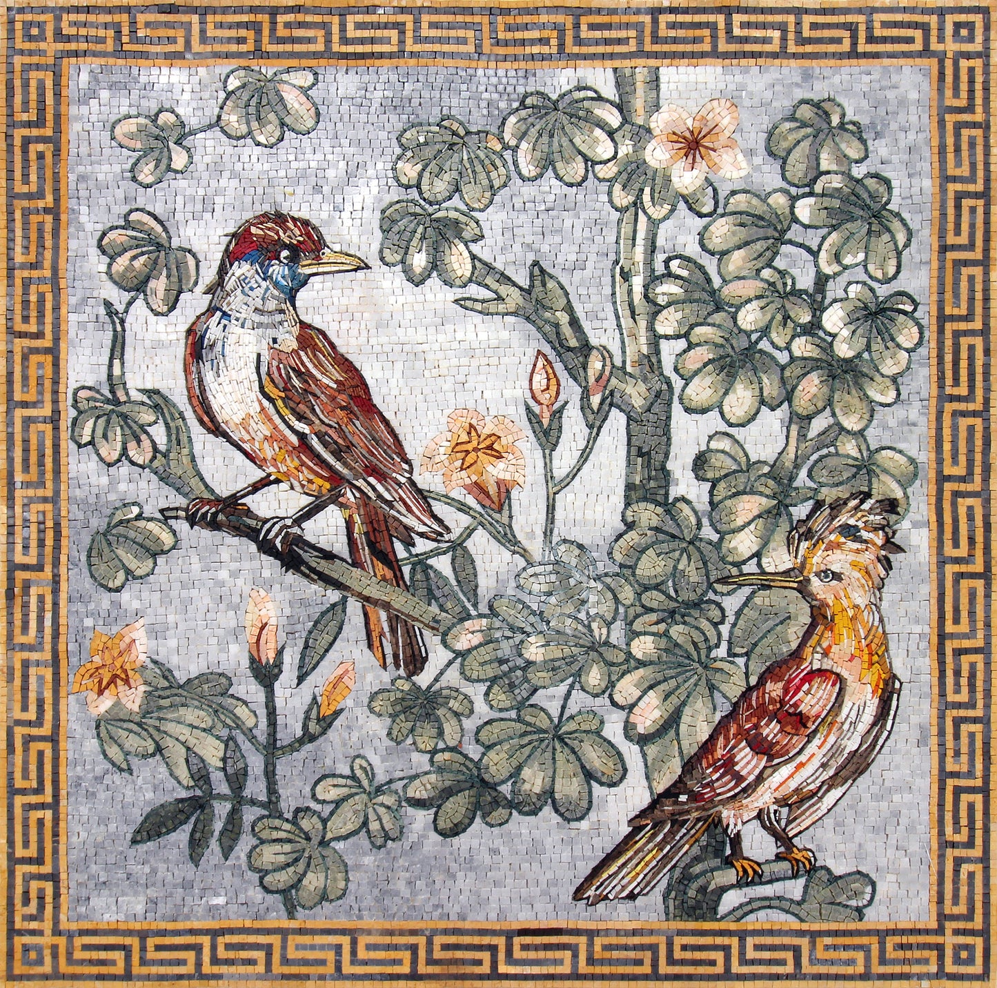 Handmade Bird Mosaic Tile: Hoopoe and Kingfisher Floral Art (40x40")