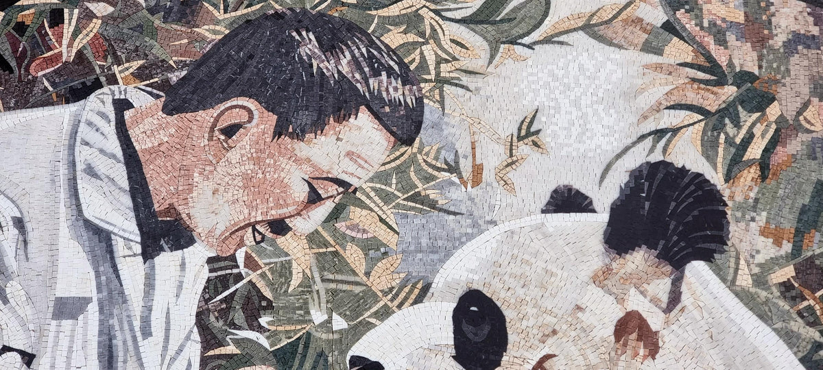 120"x50" Men with Panda Mosaic Wall Art – Nature-Inspired Home Decor, Customization Available