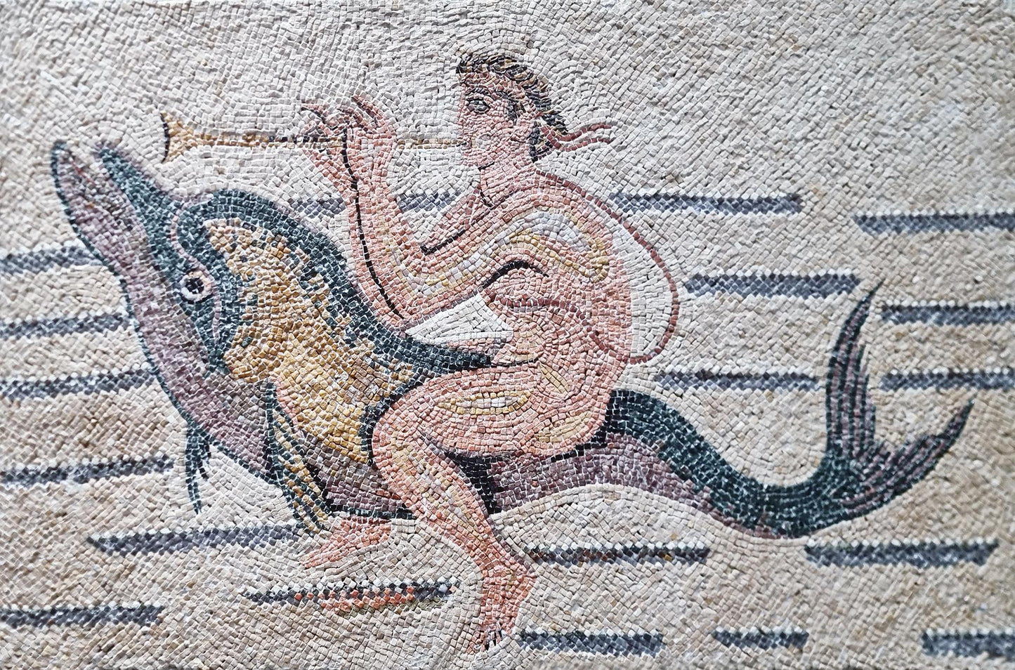 48x32 Man Riding Dolphin Mosaic Wall Art – Mythological Ocean Scene, Nautical Home Decor, Customization available