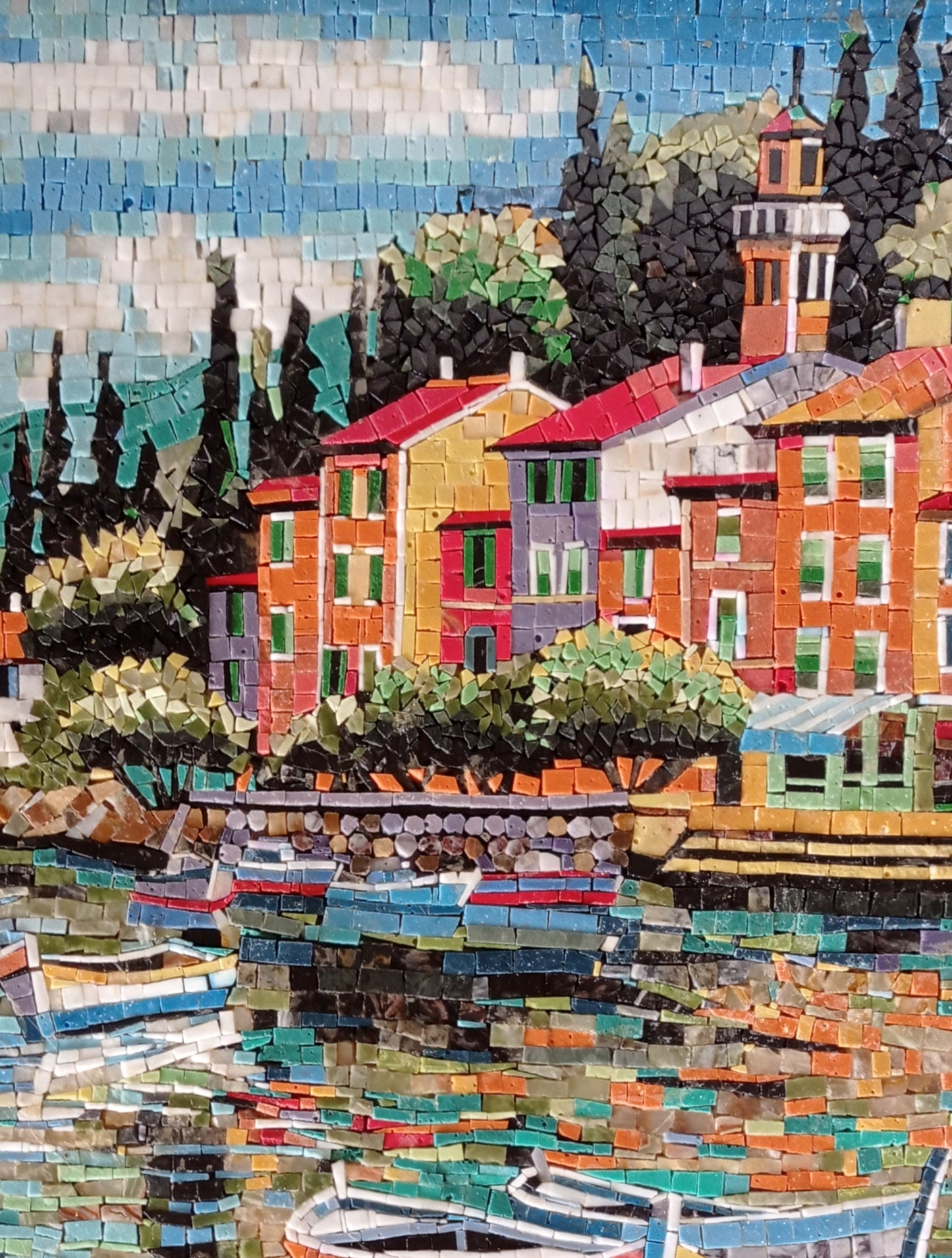 Seascape Mosaic Tile Art: Handmade Marble Boating Scene (40” x 30")