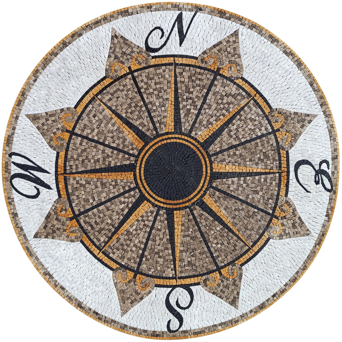 Nautical Compass Rose Mosaic Tile: Handmade Marble Medallion (32" Diameter)