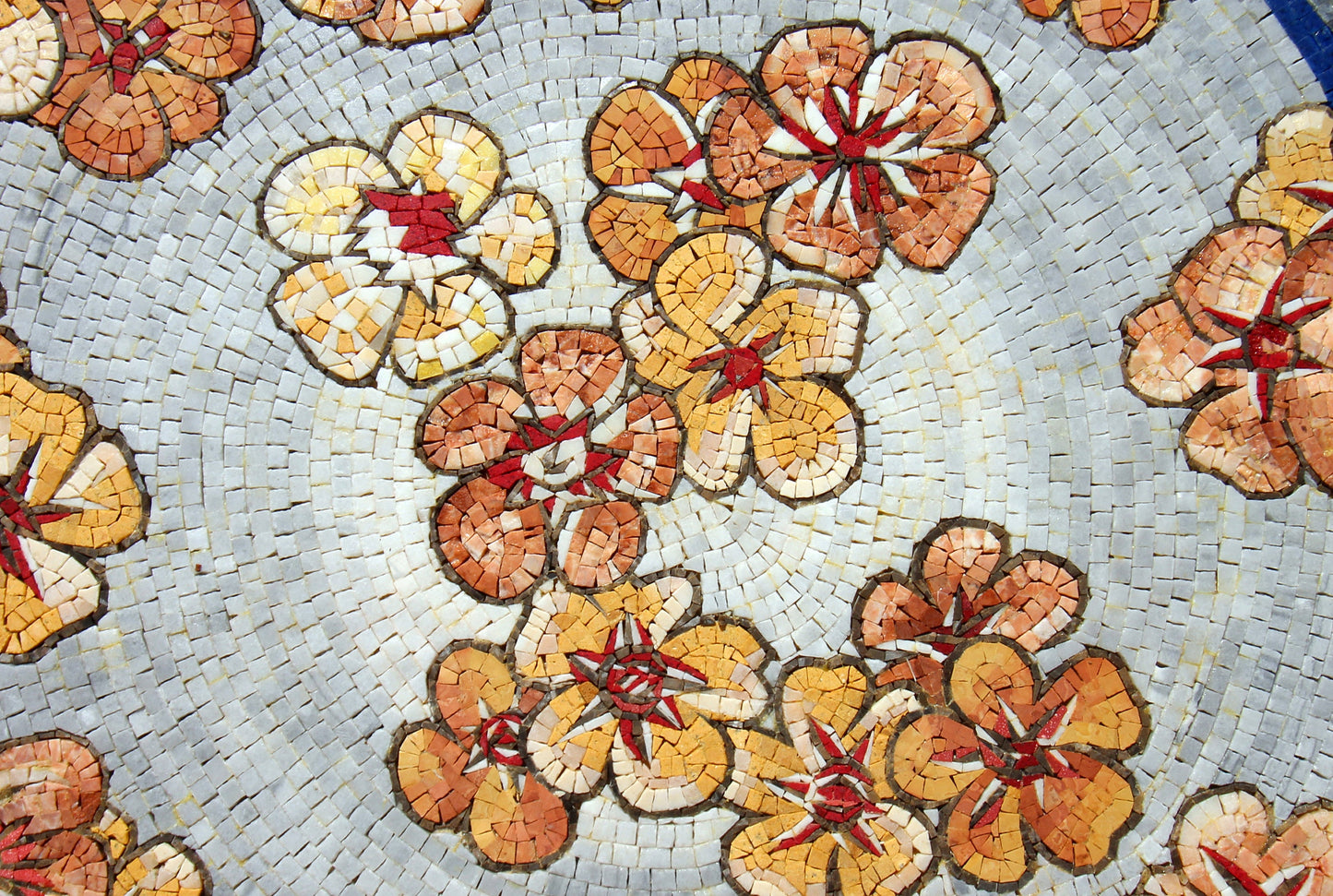 Handmade Artisanal Blooms Round Orange & Gold Petunia Flowers Mosaic Medallion Art Tile
