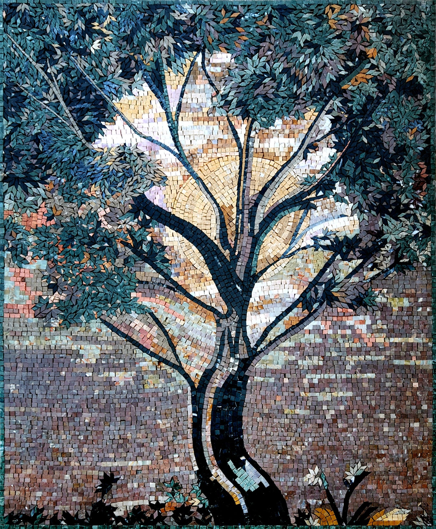 Handmade Marble Mosaic: Botanical Tree Wall Art (44” x 36”)