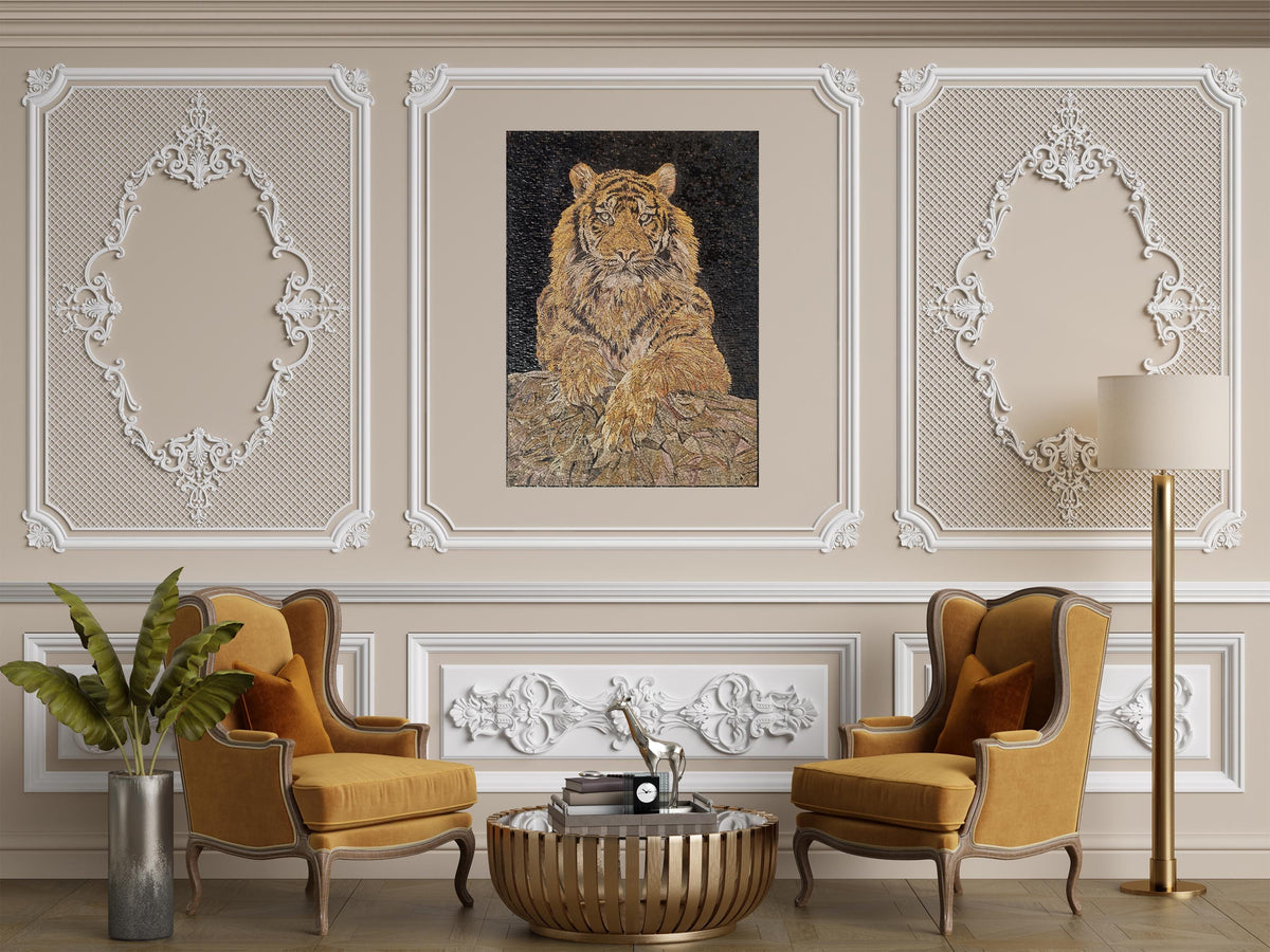 Handmade Lion Mosaic Mural: Jungle Animal Stone Art (40” x 28”)