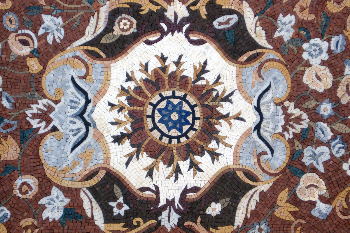Handmade Marble Stone Mosaic Rug: Floral Medallion Design